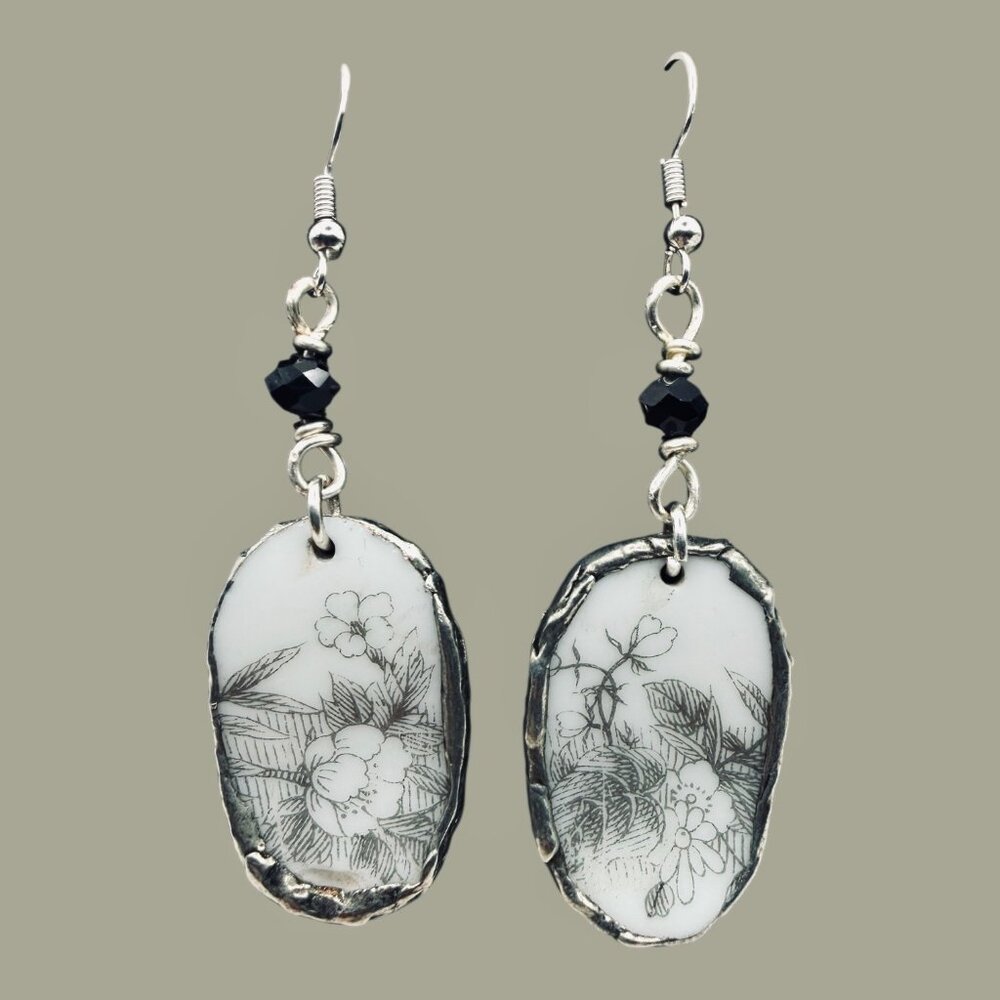 Florentine Sango Broken China Earrings - Vintage Floral Sterling Silver Dangles - Picture 4 of 14